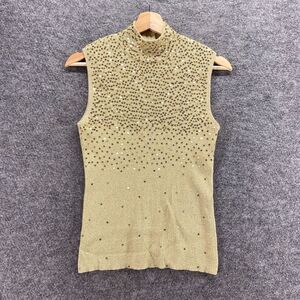 New Once Again Top Women M Medium Beige Sequin Zipper Sleeveless High Neck